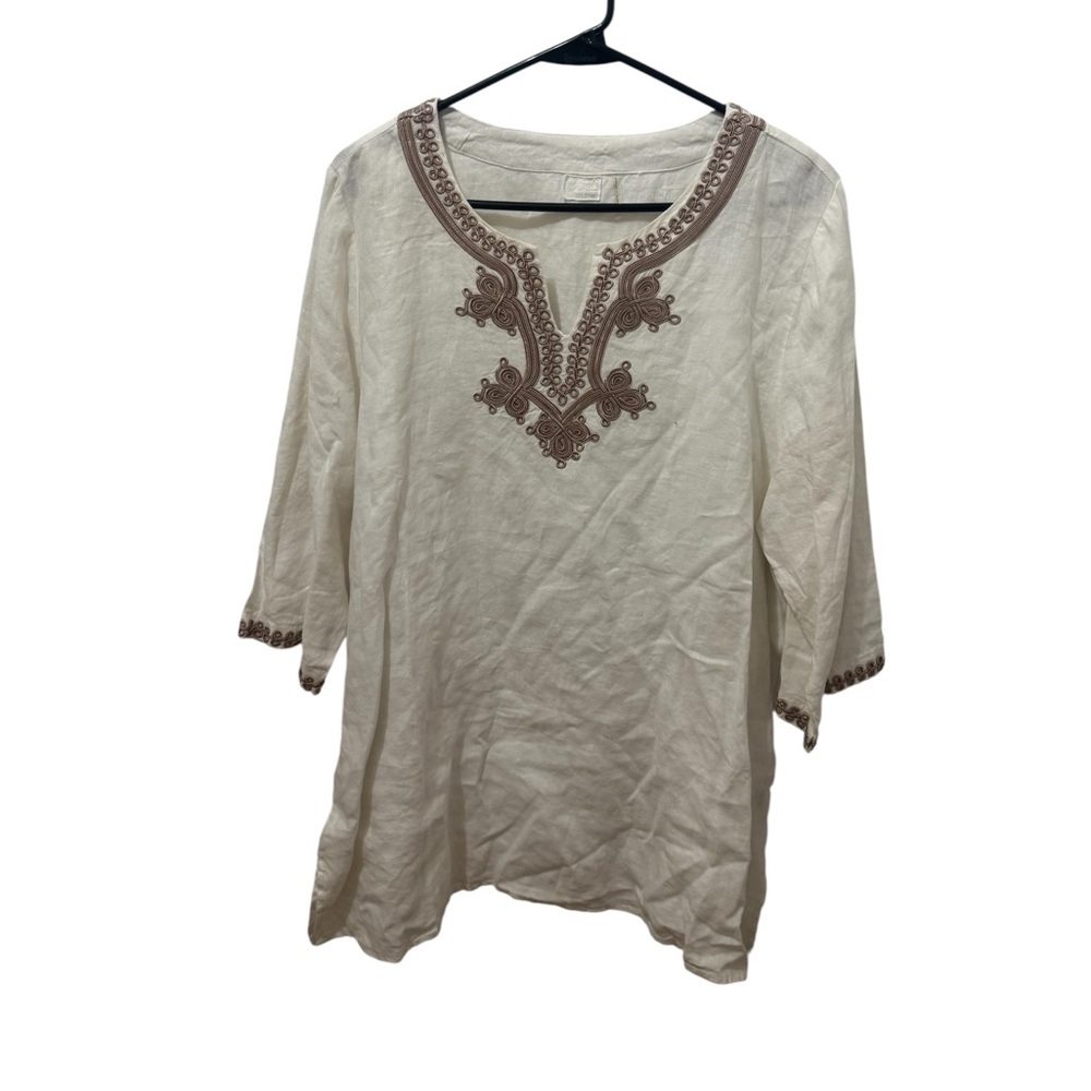 Symple NYC white 100% linen 3/4 sleeve tunic top Size 1X